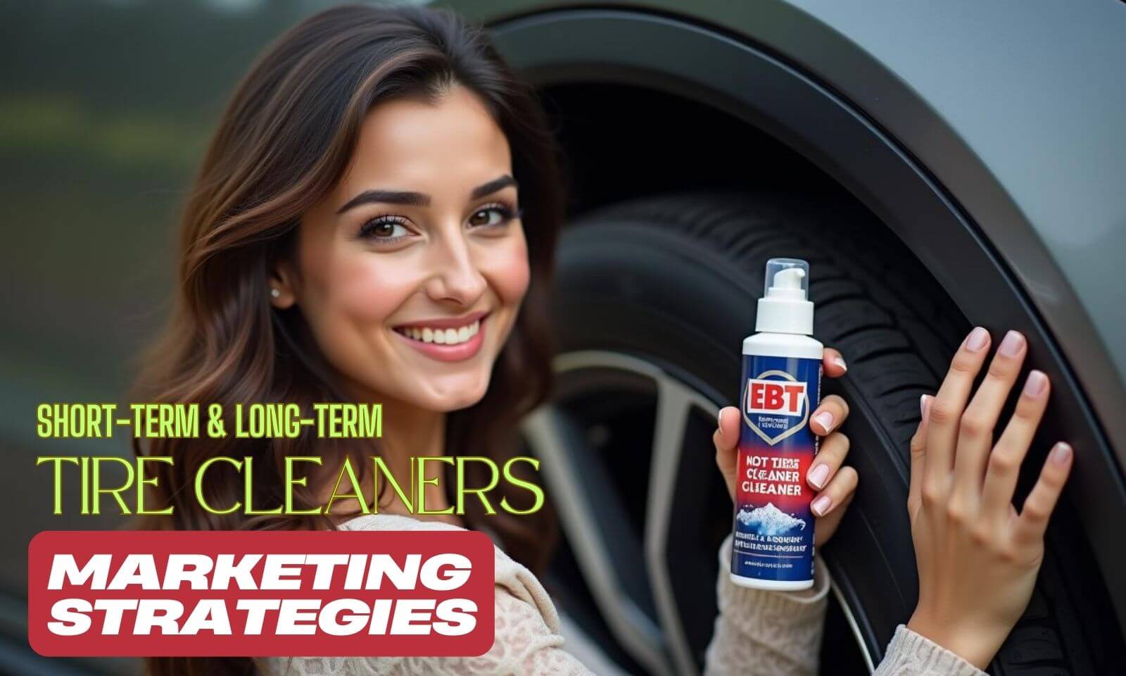 A close-up of shiny, clean car tires treated with eco-friendly tire cleaner, highlighting their glossy black finish.